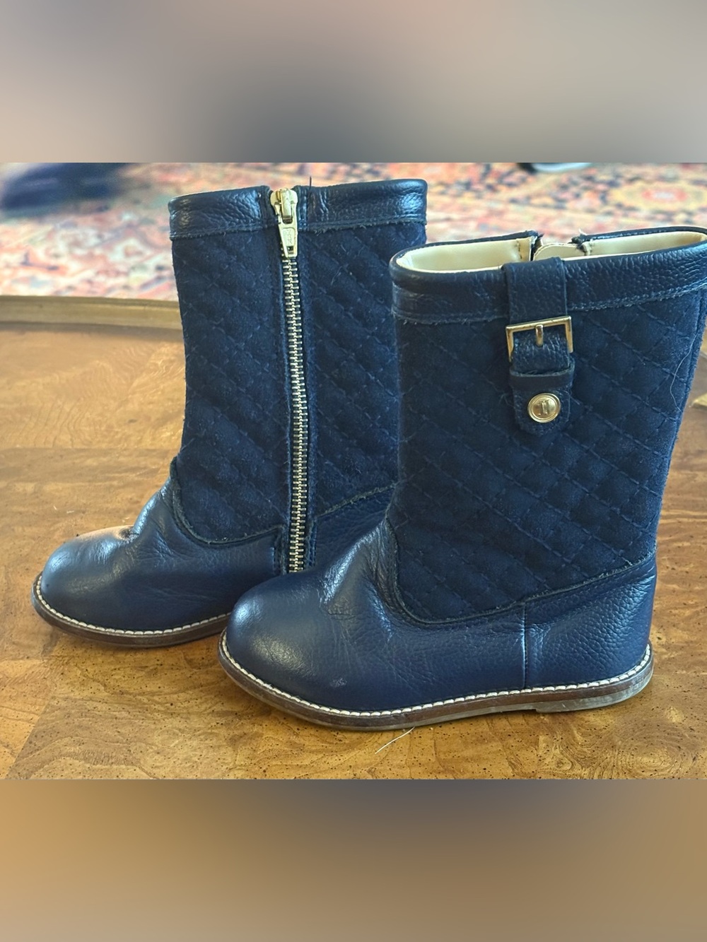Janie and Jack Navy Quilted Zip-Front Girls Boots with Gold Buckle